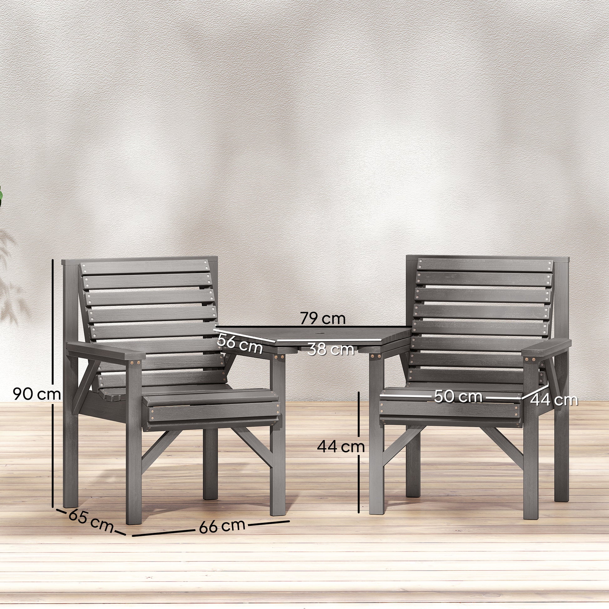 Outsunny Wooden Garden Bistro Set, 2 Seater Wooden Outdoor Table and Chairs with Parasol Hole for Patio, Light Grey