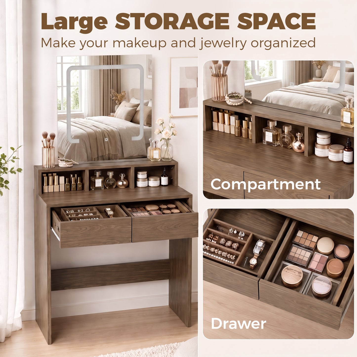 HOMCOM Vanity Table, Dressing Table with Mirror, LED Lights, 2 Drawers, 3 Compartments, 3 Colour Lighting, Walnut