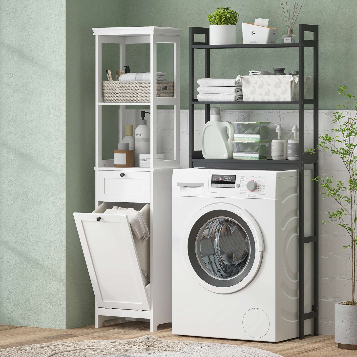 HOMCOM Tall Bathroom Cabinet, with Laundry Basket - White