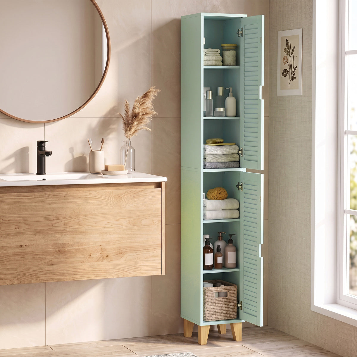 HOMCOM 170cm Tall Bathroom Storage Cabinet, Freestanding Bathroom Cabinet with Louvered Doors, Adjustable Shelf, Light Green
