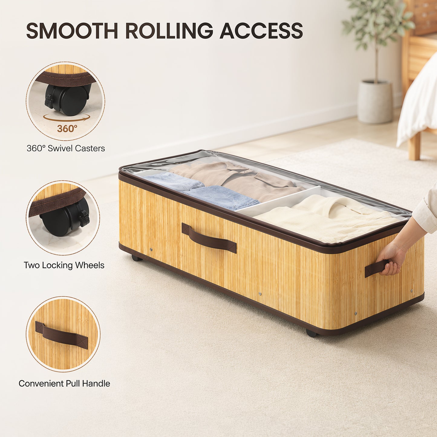 HOMCOM 60L Under Bed Storage with Wheels Pack of 2, Underbed Storage Box with Clear Lid Cover and Reinforced Handle, Natural