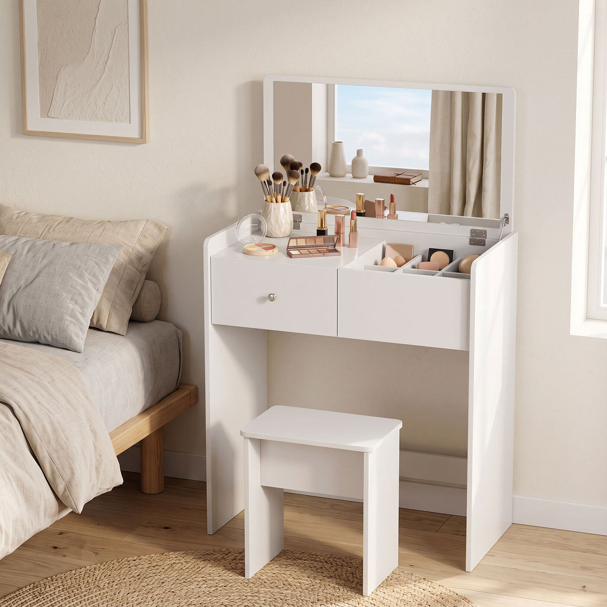 HOMCOM Vanity Desk with Mirror Dressing Table Drawer Set 6 Compartments Storage Stool White