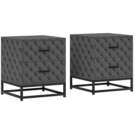 HOMCOM Bedside Tables Set of 2, Modern Bedside Table Nightstand with 2 Drawers, Bedside Cabinet Sofa Side Table with Storage, Steel Legs for Bedroom, Living Room, Grey