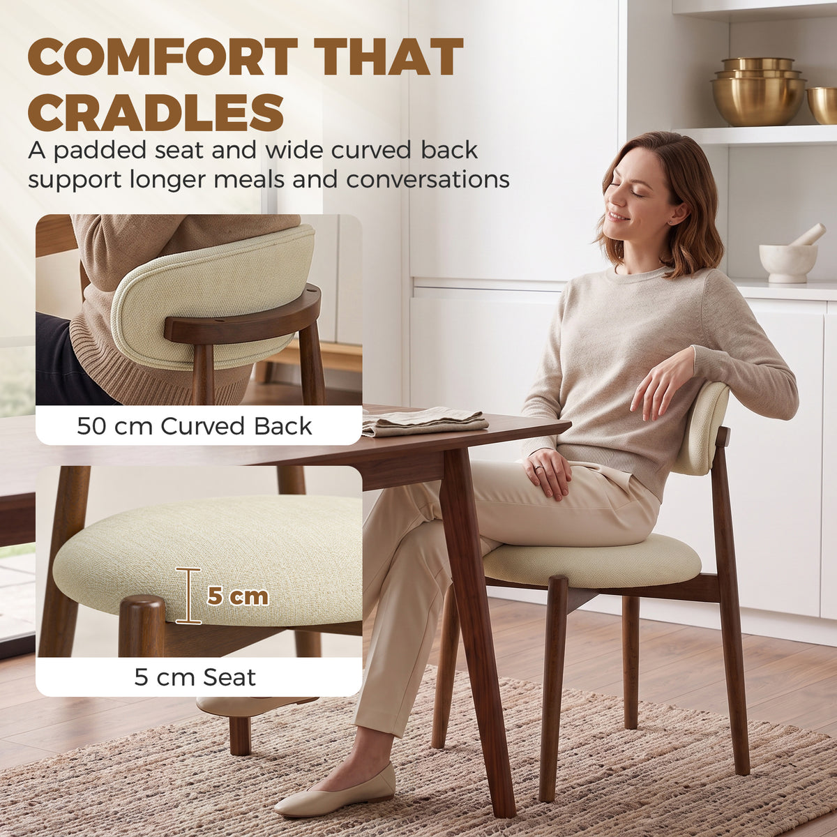 HOMCOM Dining Chairs Chenille Upholstered Kitchen Chairs Curved Backrest Rubberwood Legs Beige