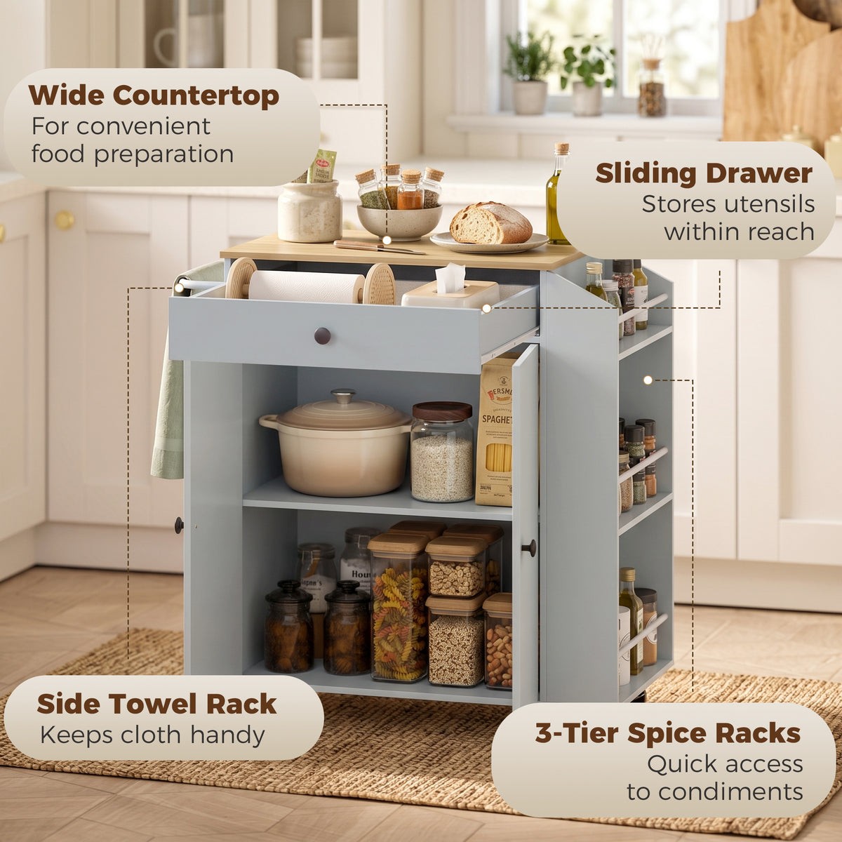 HOMCOM Rolling Kitchen Island with 3-Tier Spice Rack, Kitchen Storage Cart with Drawer and Towel Rack, Light Blue