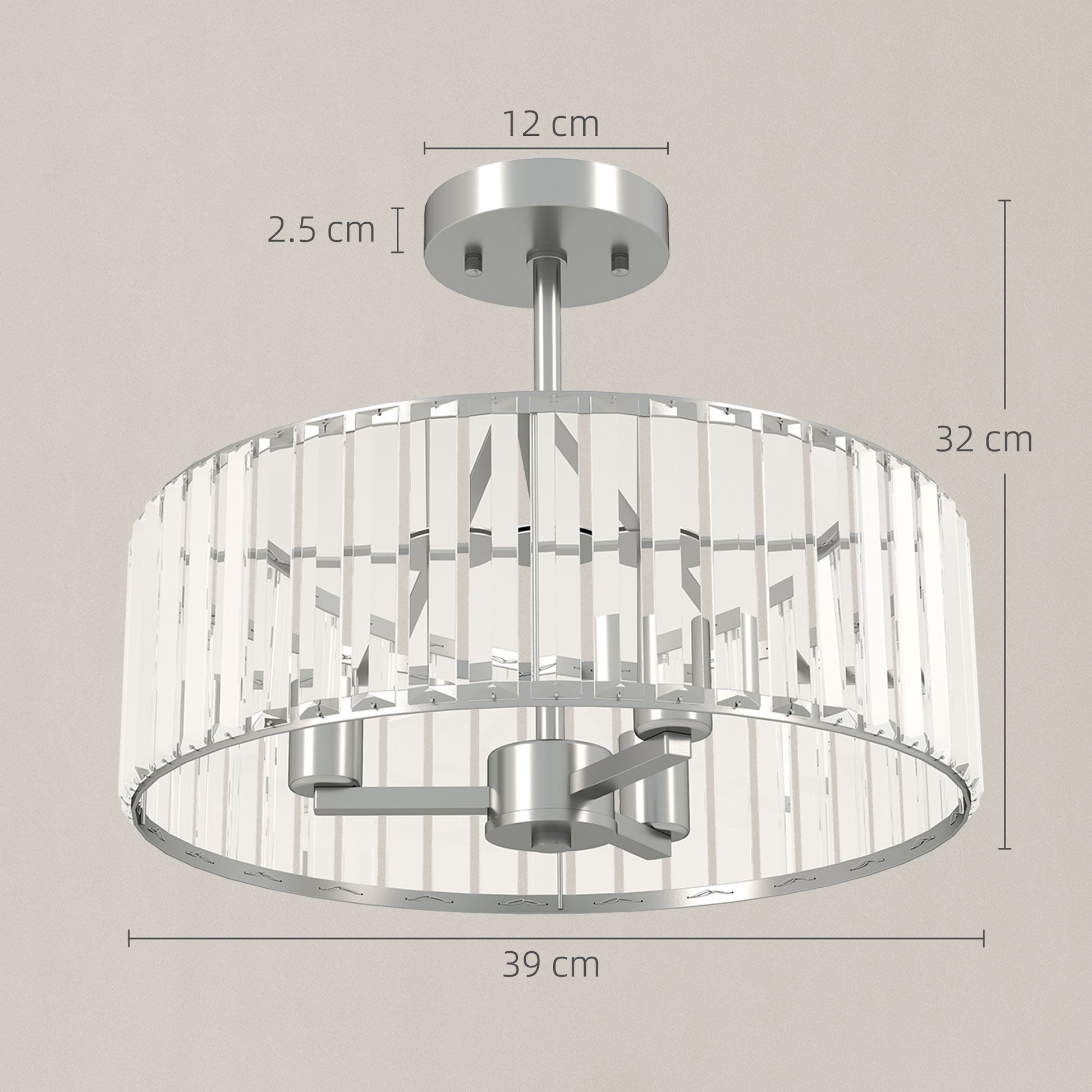 HOMCOM Crystal Ceiling Light Fixture Set of 2, Semi Flush Mount Modern Chandelier for Living Room, Bedroom and Hallway, 3-Lights with E14 Base, Silver Tone