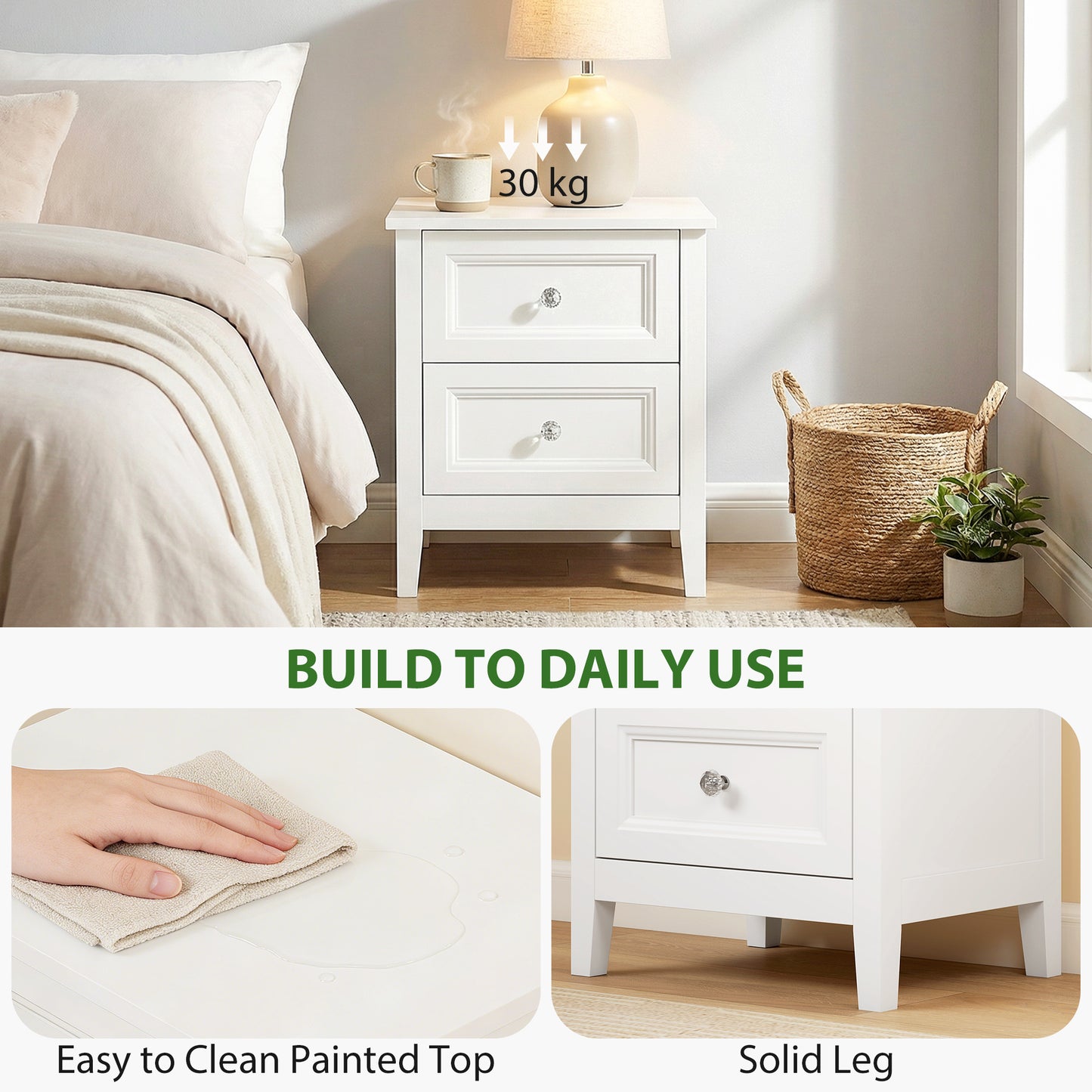 HOMCOM Nightstand with 2 Drawers Modern Bedside Table for Bedroom Living Room White