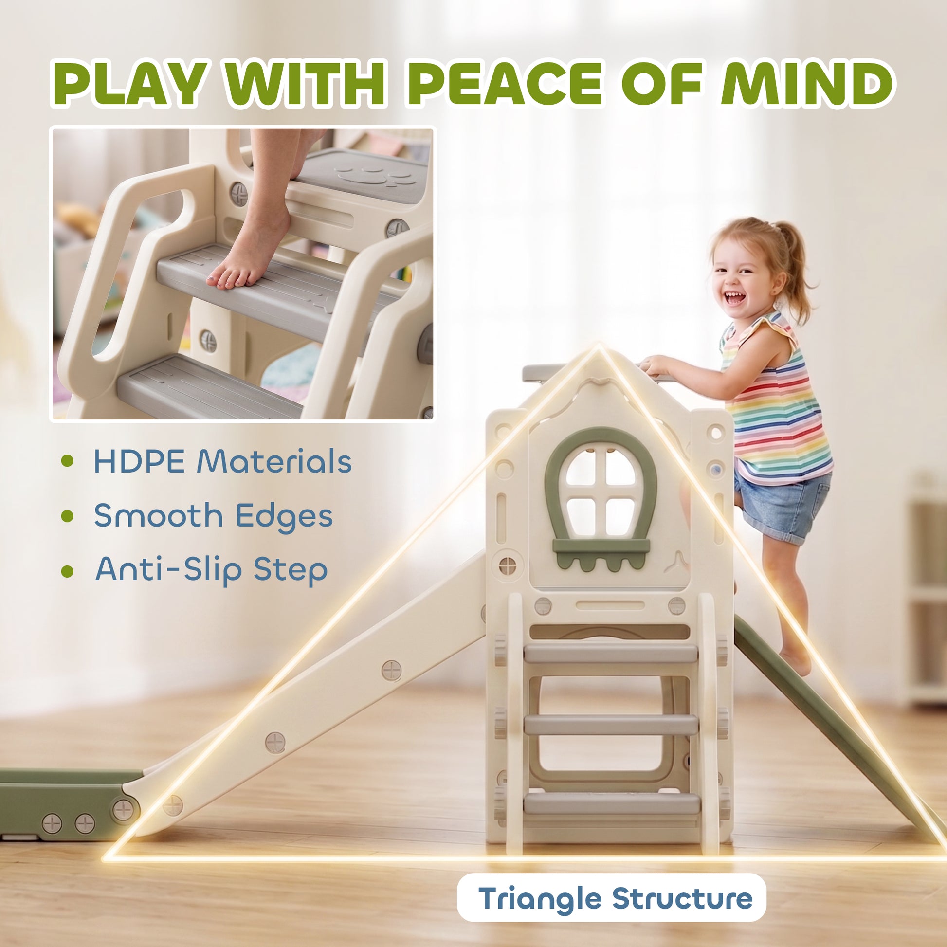 AIYAPLAY Foldable 4 in 1 Toddler Slide with Climber, Basketball Hoop, Storage Space and Basketball for Ages 1-3 Years, Cream