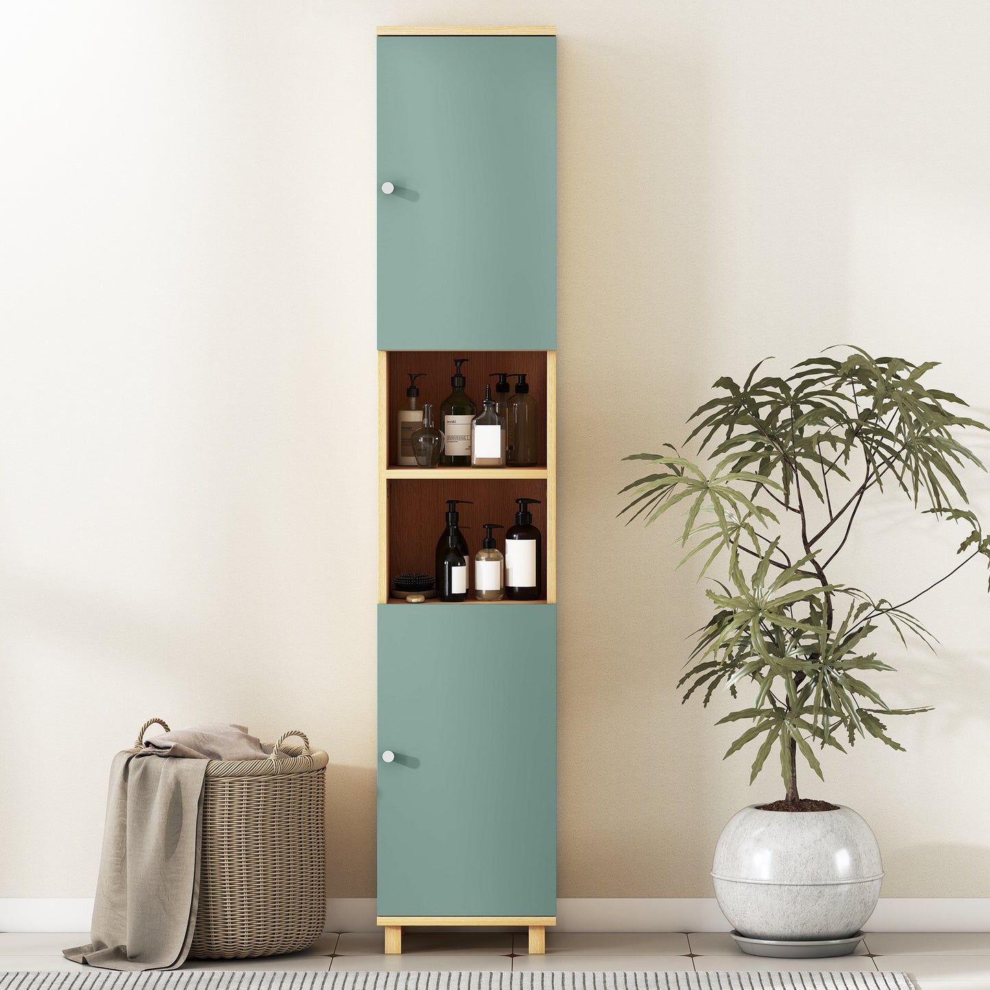 HOMCOM Bathroom Cabinet with Adjustable Shelves and Open Shelves - Green