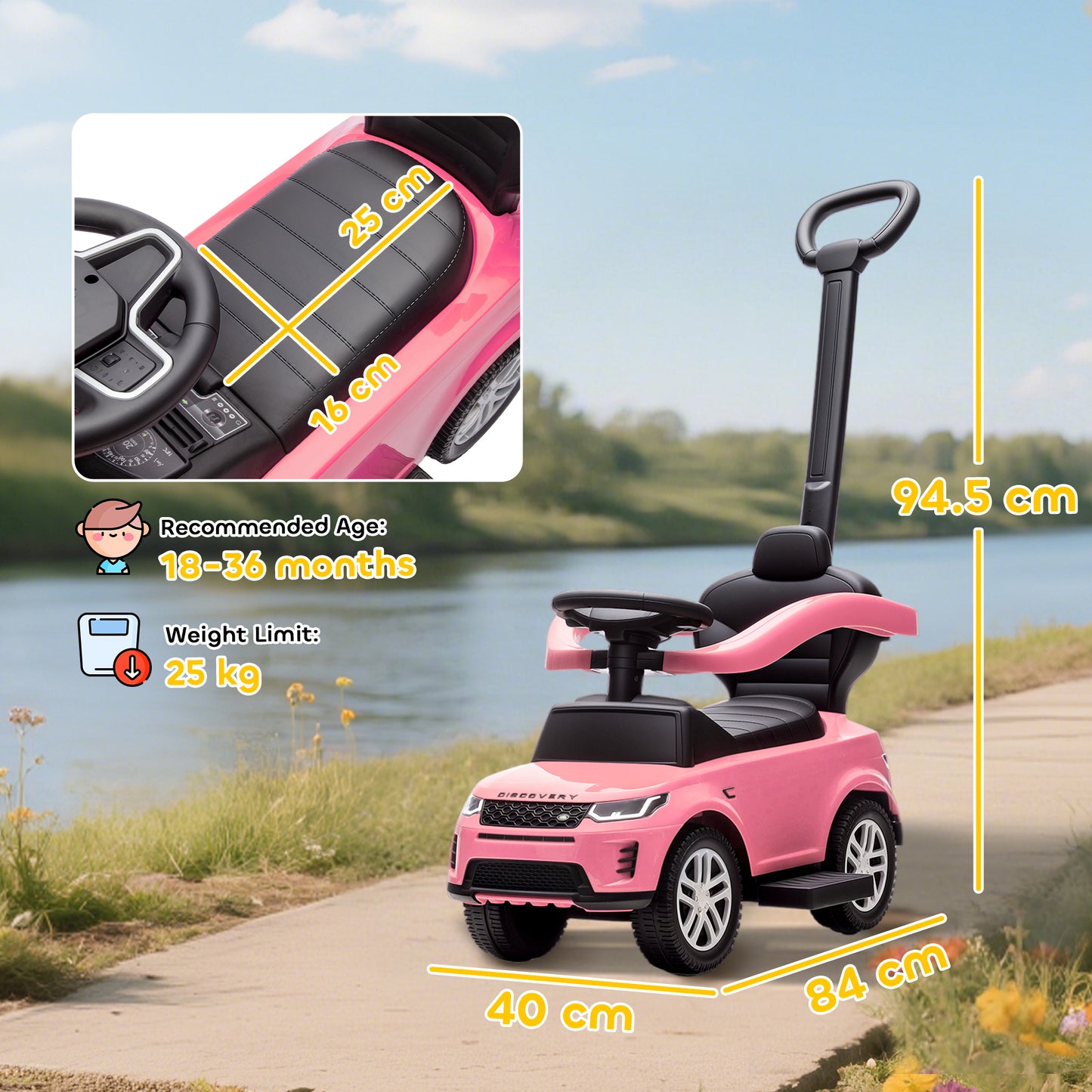 AIYAPLAY LAND ROVER DISCOVERY Licensed Baby Push Car, 2-in-1 Ride on Car with Push Handle and Safety Guardrail, Pink