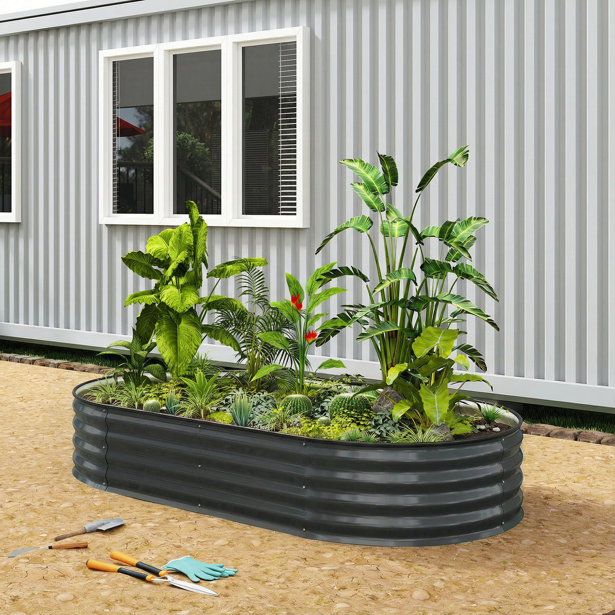Outsunny Galvanised Raised Garden Bed, Metal Planter Box with Safety Edging, for Flowers, Herbs, Succulents, Dark Grey