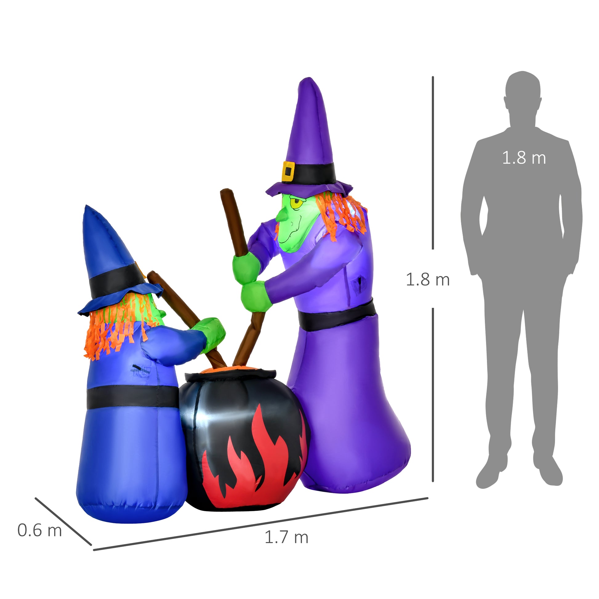 HOMCOM 1.8m Inflatable Halloween Lawn Decoration with LED Witches Around A Black Cauldron Outdoor Air Blown Holiday DÃ©cor