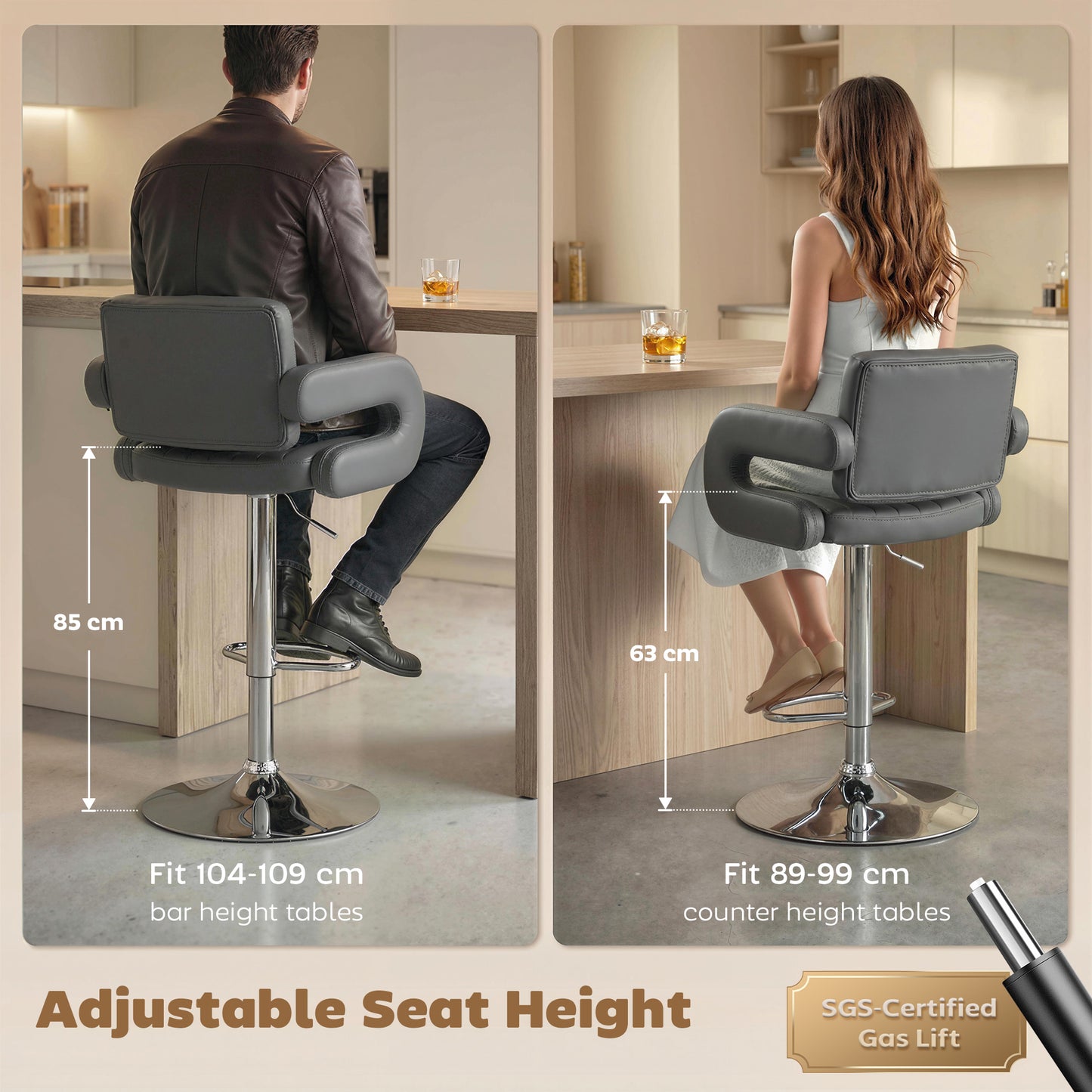 HOMCOM Bar Stools Adjustable Swivel Kitchen Chairs with Backrest Armrest Set of 2 PU Leather Grey