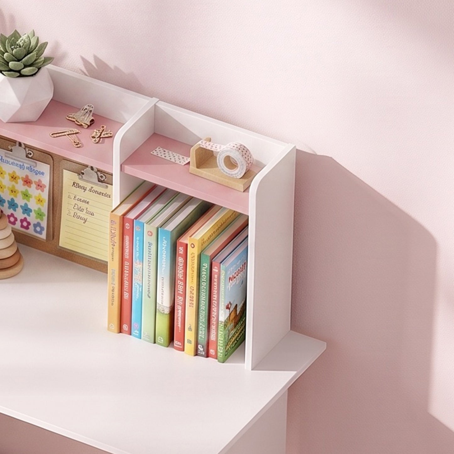 AIYAPLAY Kids Desk and Chair Set Storage Shelves Kids Desk Adjustable Tablet Stand Cork Board Pen Holder Pink
