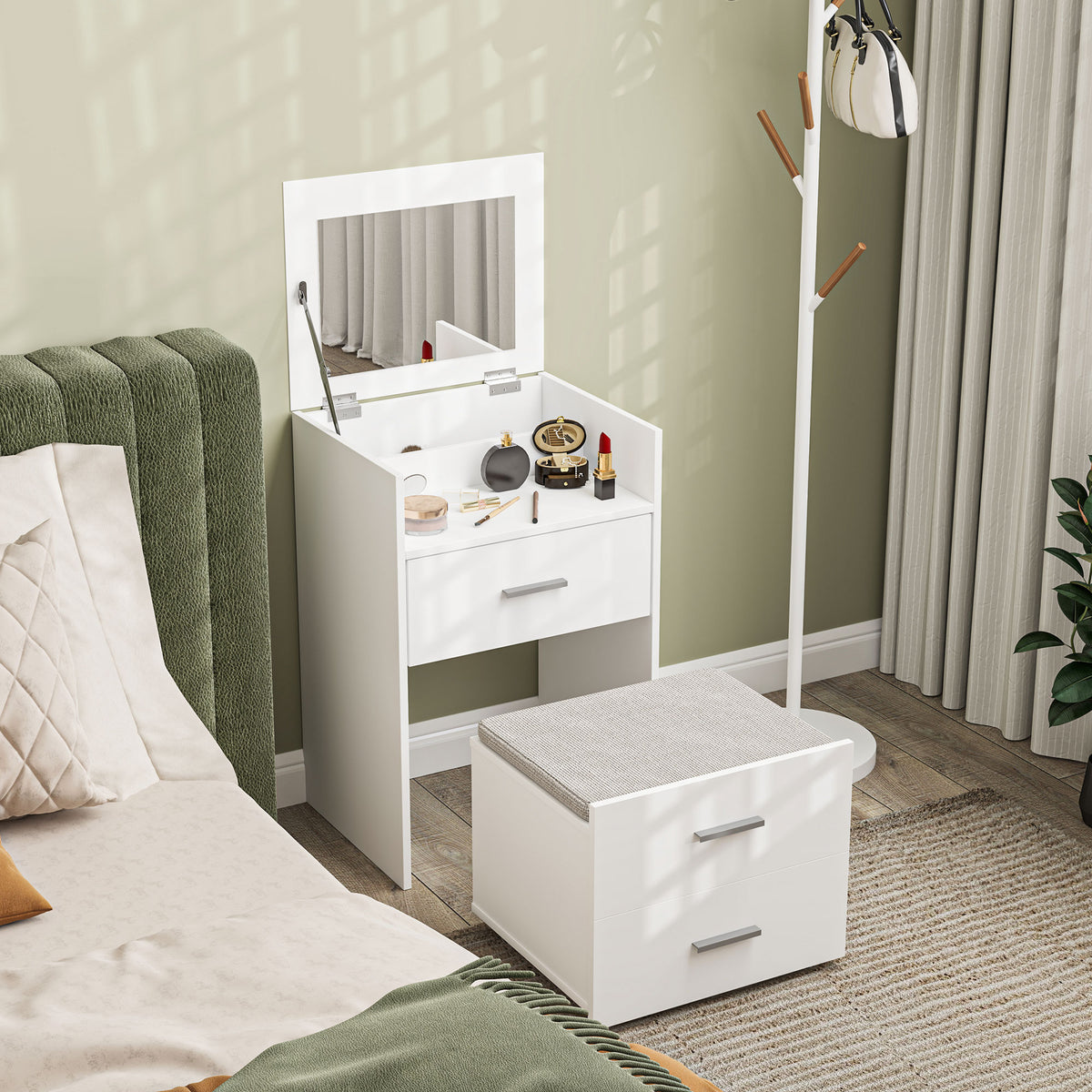 HOMCOM Vanity Desk with Mirror, Modern Dressing Table and Stool w/2 Drawers, Wheels, Flip-Up Mirror, Shelf, White