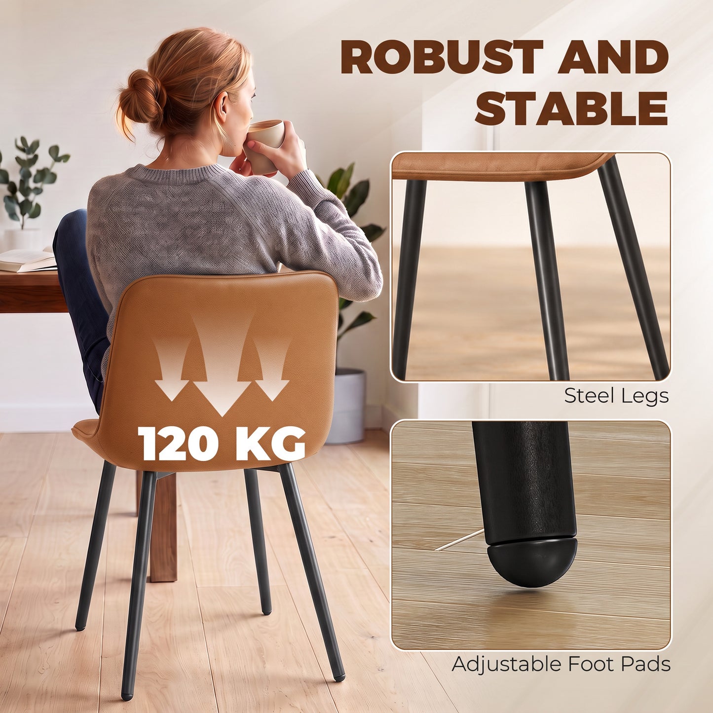 HOMCOM Faux Leather Upholstered Kitchen Chairs, Modern Dining Chairs Set of 2 with Metal Legs for Dining Room, Brown