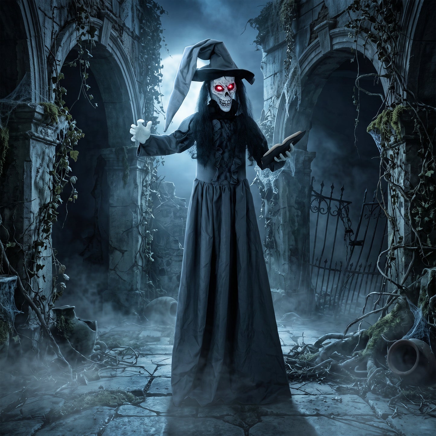 HOMCOM 180cm Life Size Animated Witch Halloween Decorations Outdoor Indoor, Scary Halloween Animatronics Decor