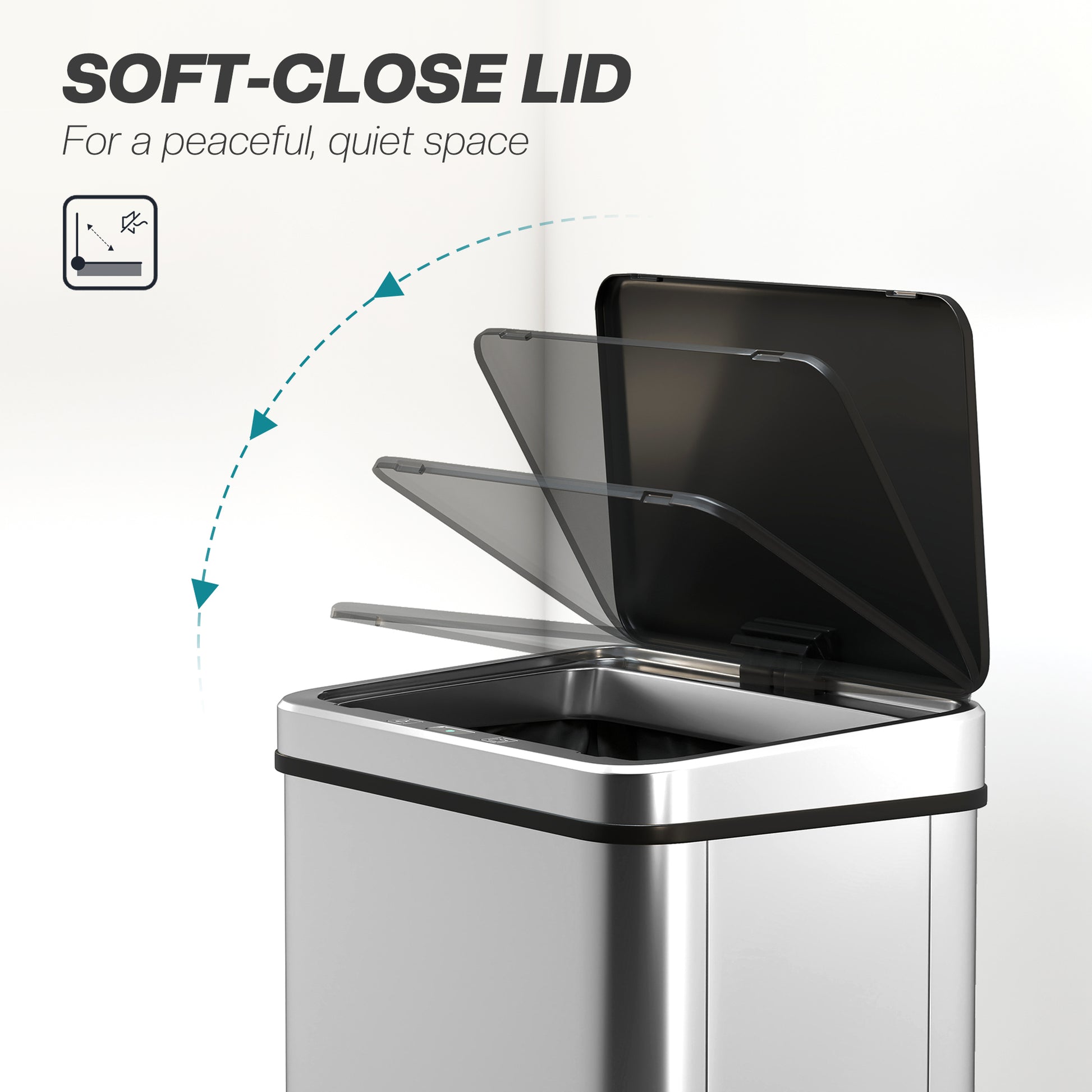 HOMCOM 50L Sensor Bin with Quiet Soft-Close Lid, Automatic Touchless Motion Sensor Kitchen Bin with Fingerprint Resistant Stainless Steel for Hygienic Gyms, Home Office Use, Silver Tone