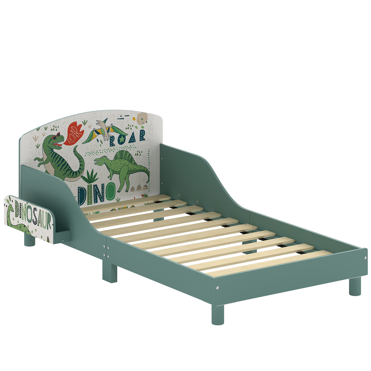 AIYAPLAY Toddler Bed with Bedside Storage and Guard Rails for 3-8, Fits 140 x 70 x 10cm Mattress, Green Dinosaur Print Default Title