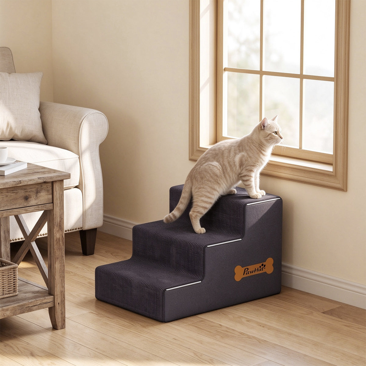 PawHut Dog Steps, 3-Step Dog Stairs for Bed and Sofa, Pet Stairs with Carry Handle, Washable Cover