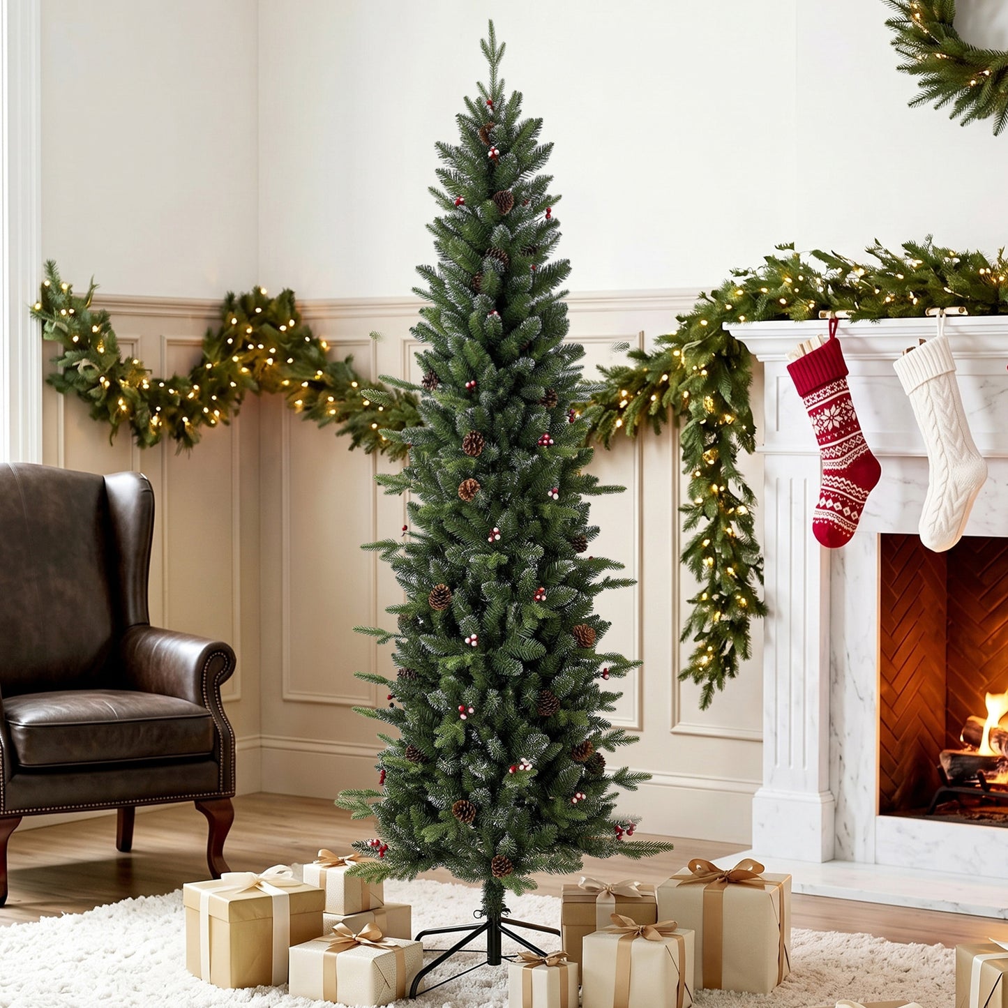 HOMCOM Slim Gracious Pine Xmas Tree, 6ft/180cm Artificial Christmas Tree with 688 Branch Tips, Foldable Steel Stand, Green