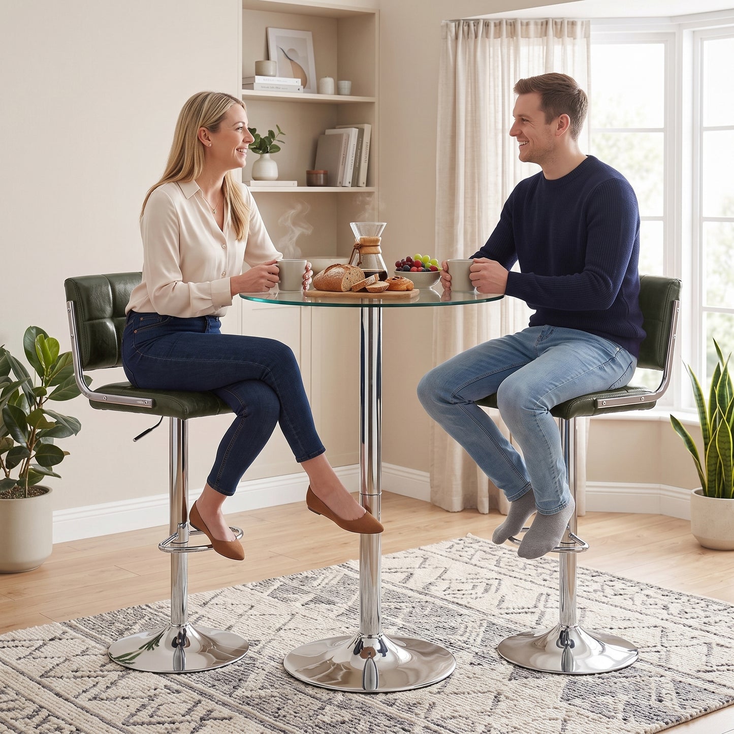 HOMCOM Bar Stools Modern PU Leather Adjustable Breakfast Bar Stools Backrest Set of 2 Green
