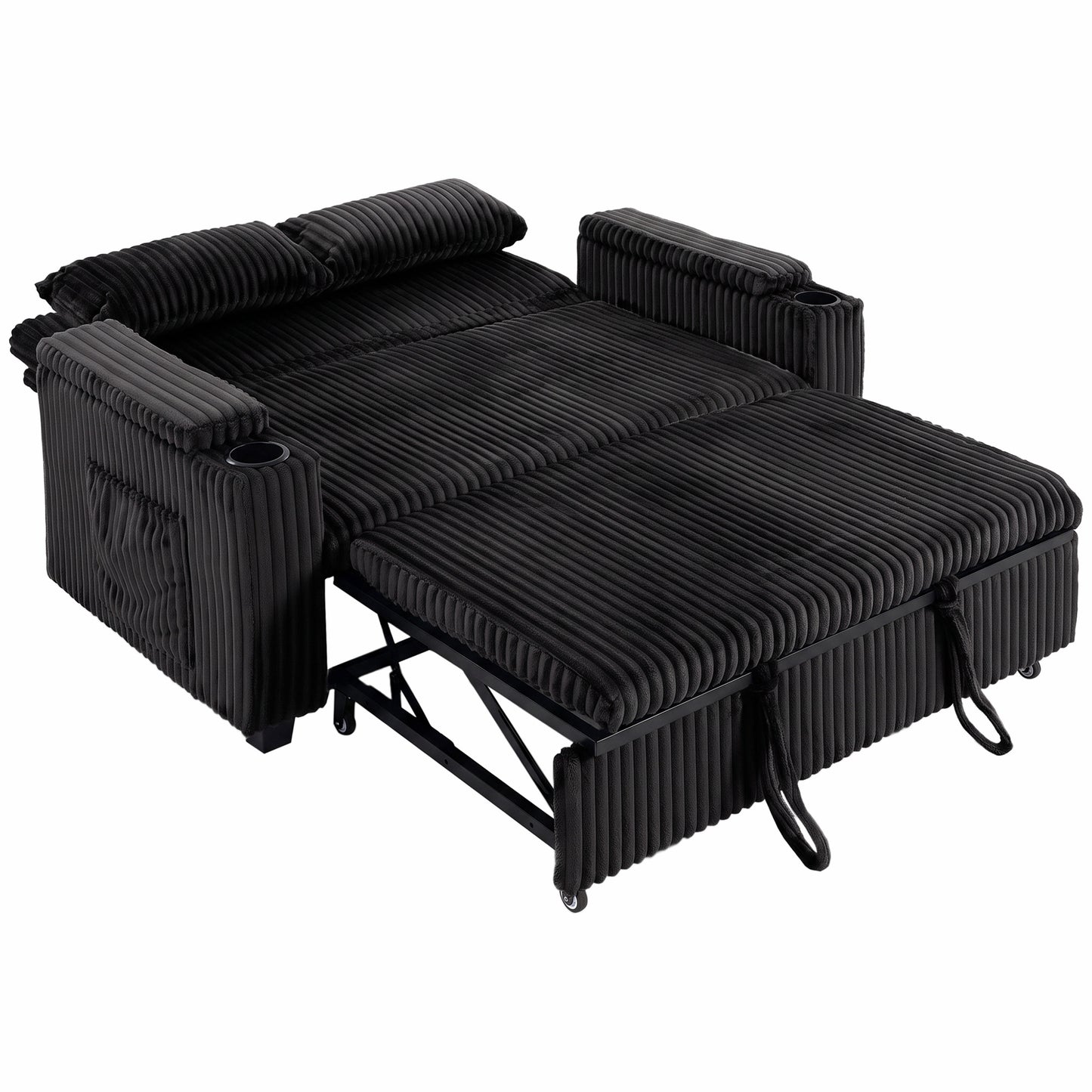 HOMCOM 2 Seater Sofa Bed, Pull Out Sleeper Sofa w/ Adjustable Backrest, Storage Armrests, Cup Holders, Side Pockets, Black