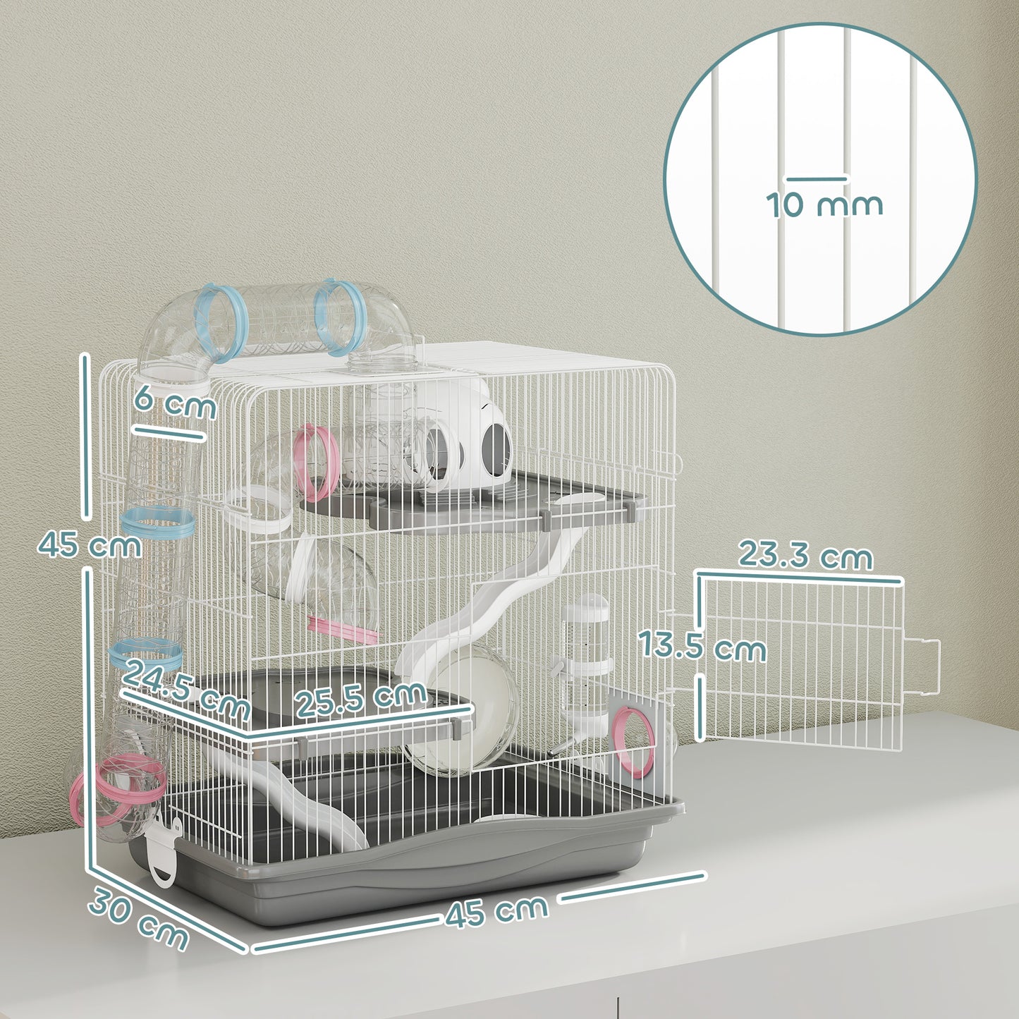 PawHut 3-Tier Hamster Cage with Exercise Wheels, Water Bottle, Food Dish, for Dwarf Hamsters, 45 x 30 x 45 cm, Grey