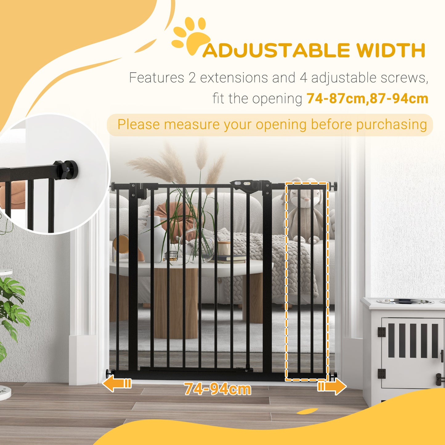 PawHut Adjustable Safety Gate w/ One Extensions, Four Adjustable Screws, Black