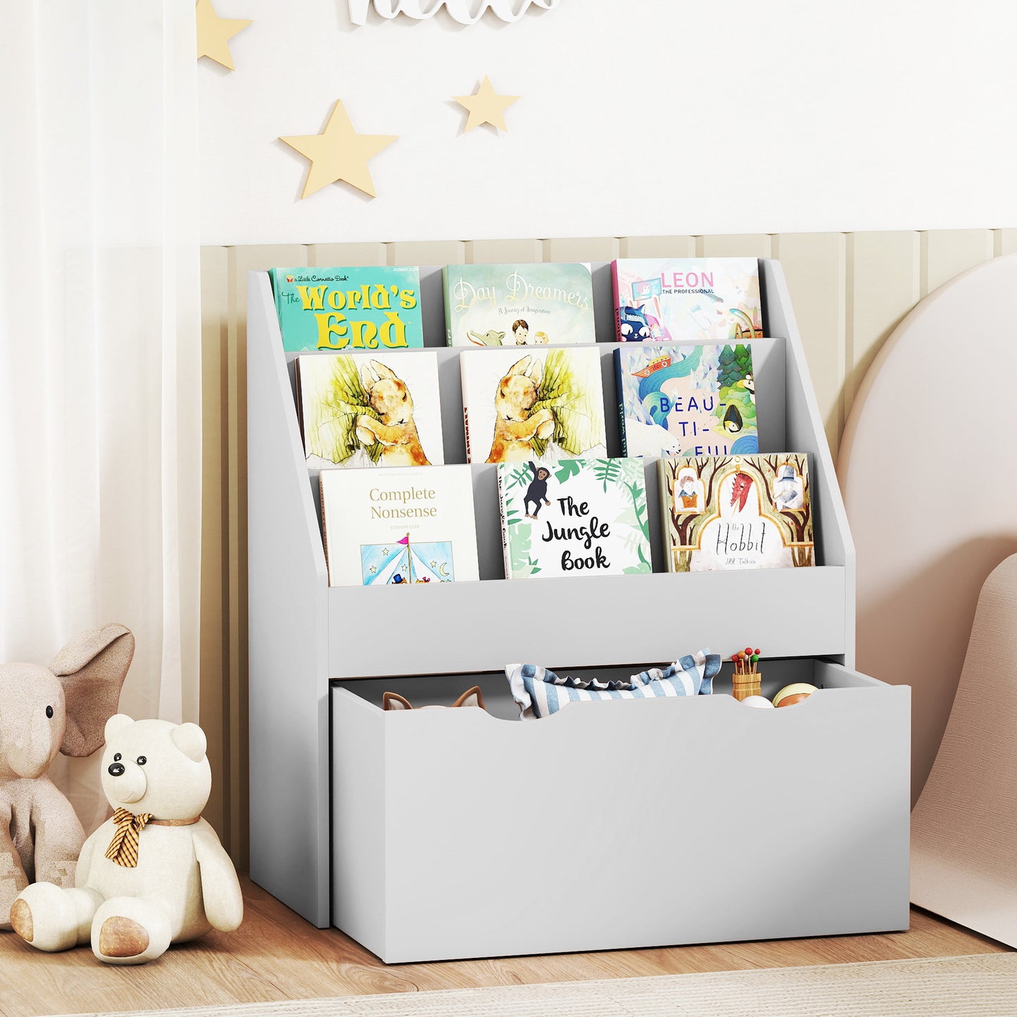 AIYAPLAY Bookcase for Kids with Shelves, Drawer, Bookcase for Bedroom, Playroom, Grey
