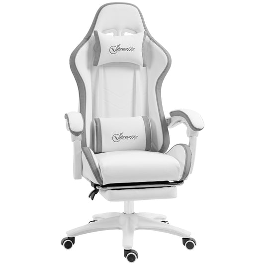 Vinsetto Computer Gaming Chair, PU Leather Desk Chair with Footrest, Swivel Task Chair with 135Â° Reclining Back and Lumbar Support, PC Chair for Adults, White and Grey