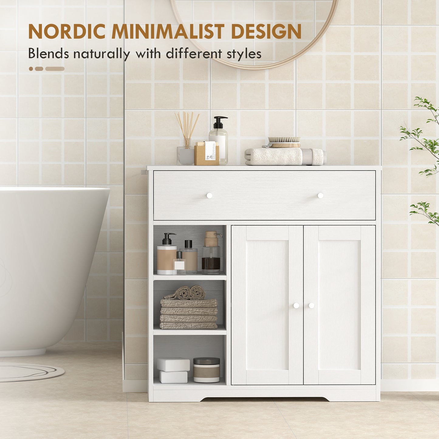 HOMCOM Bathroom Floor Cabinet, Freestanding Bathroom Cabinet with Drawer, Door, Open Shelves, White