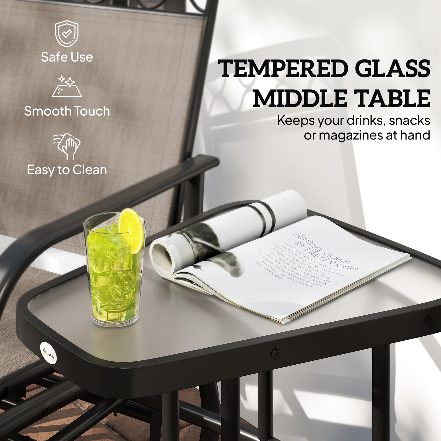 Outsunny Double Outdoor Glider Chair, 2 Seater Patio Rocking Chairs, Swing Bench with Tempered Glass Table, Breathable Mesh Fabric for Backyard, Garden, Porch, Brown