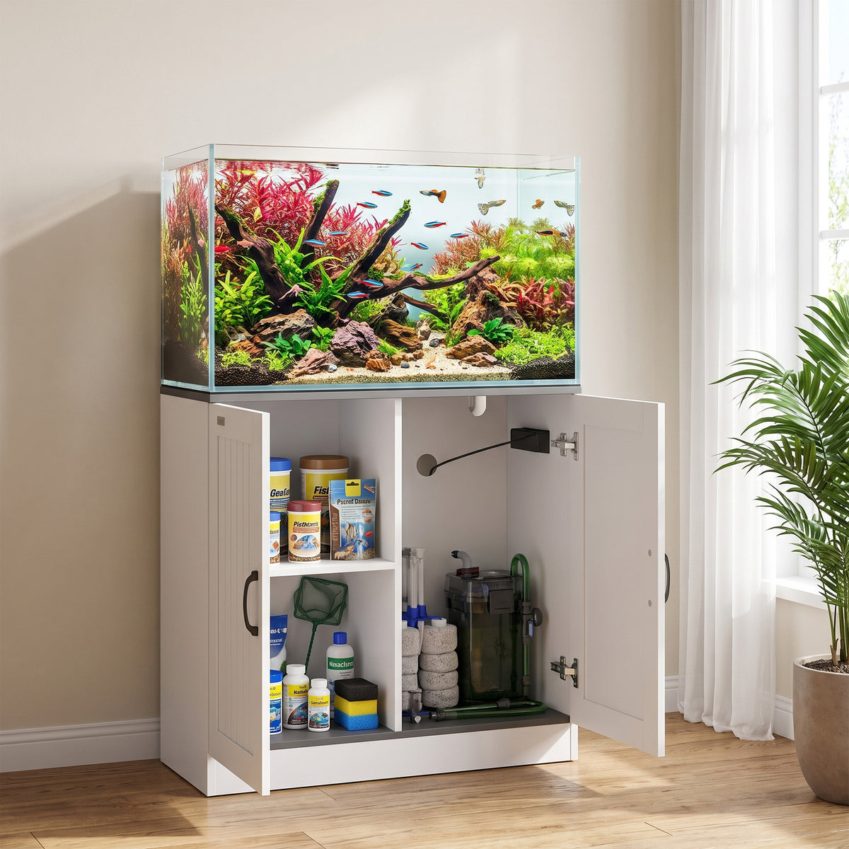 PawHut Fish Tank Stand, 20-29 Gallon Aquarium Stand with Cabinet Storage, Power Outlets and Anti-Tip Kit, White