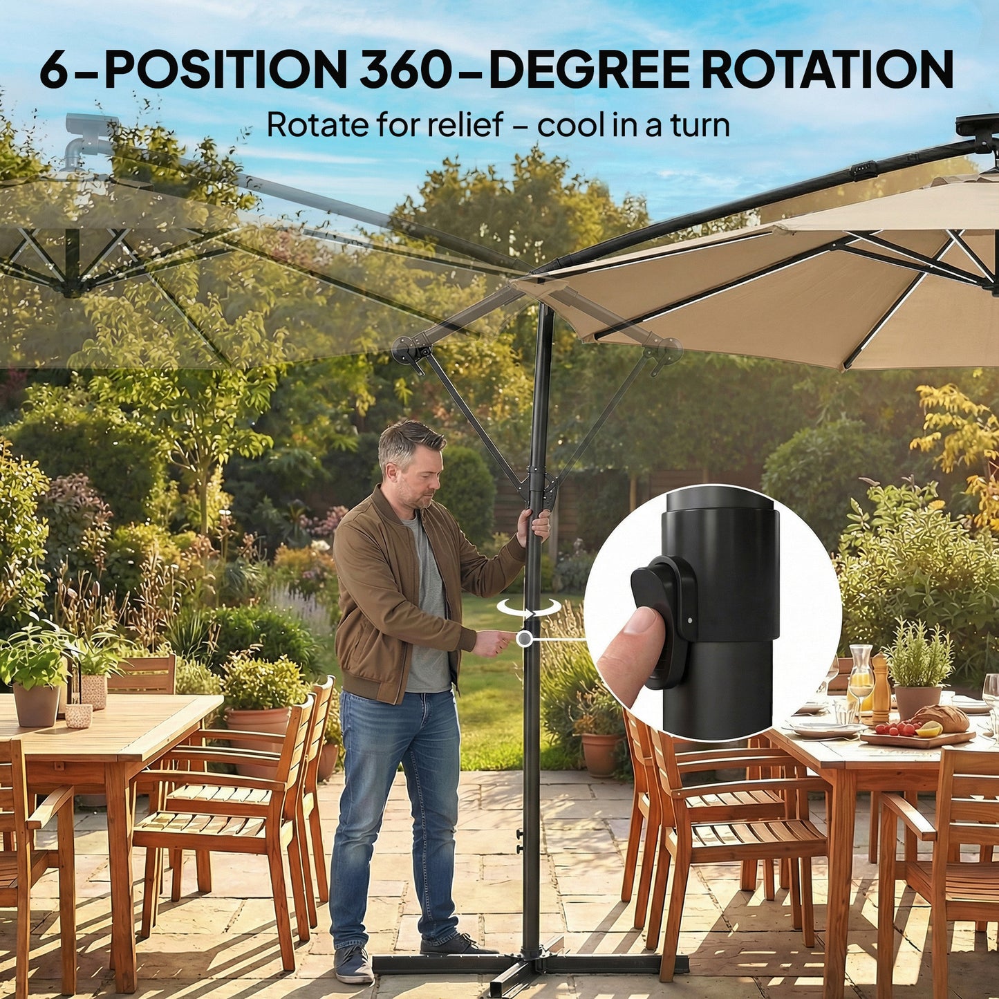 Outsunny 3 m Garden Cantilever Parasol with LED Solar Light, Round Overhanging Umbrella with 360Â° Rotation, Cover, Khaki