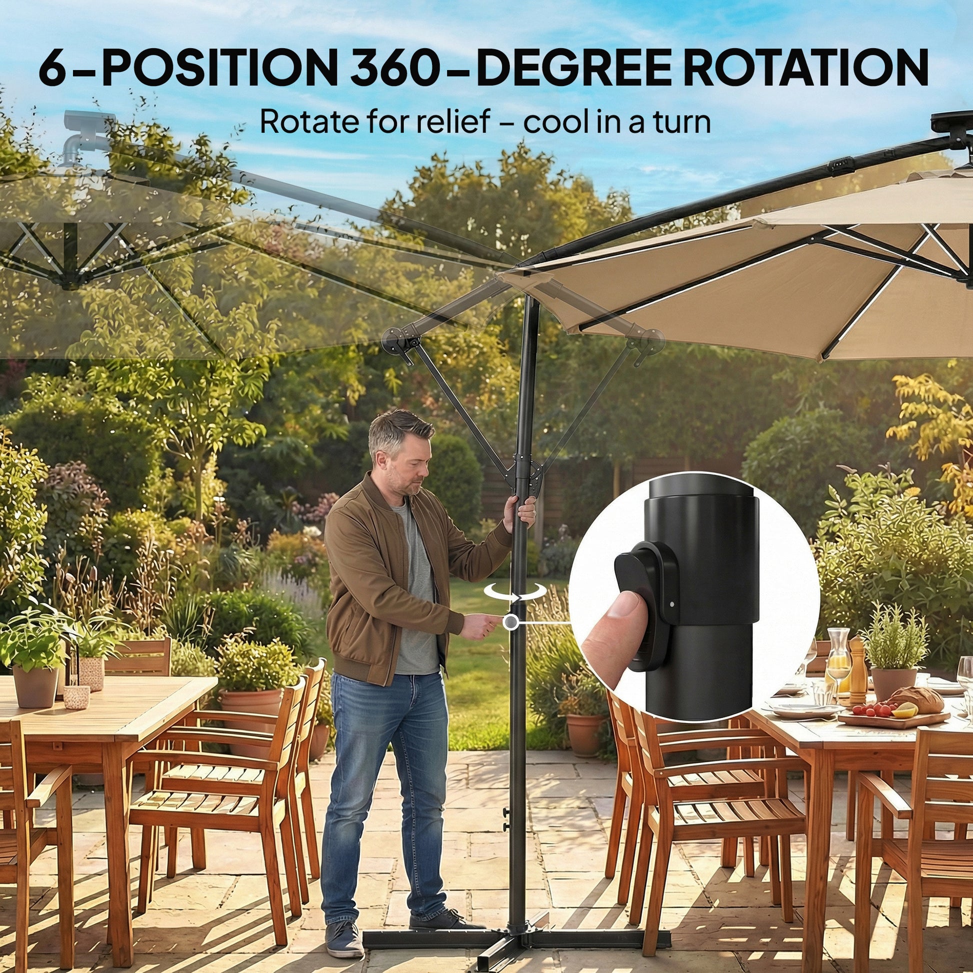 Outsunny 3 m Garden Cantilever Parasol with LED Solar Light, Round Overhanging Umbrella with 360Â° Rotation, Cover, Khaki