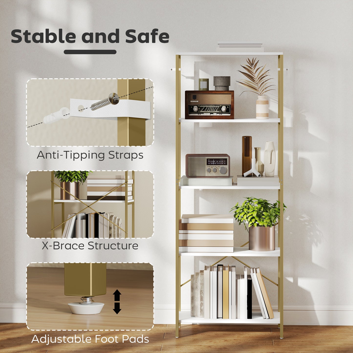HOMCOM 5-Tier Bookshelf, Modern Bookcase with Metal Frame - White and Gold Tone