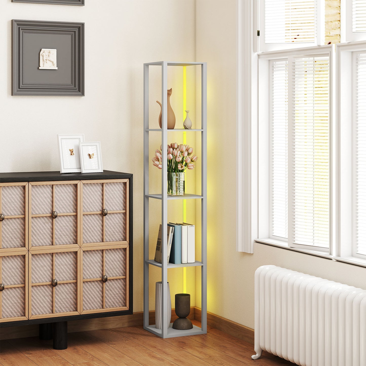 HOMCOM RGB LED Floor Lamp with Shelves, Modern Dimmable Standing Lamp with Remote Control, Adjustable Brightness & Speed for Living Room, Bedroom, Office, Grey