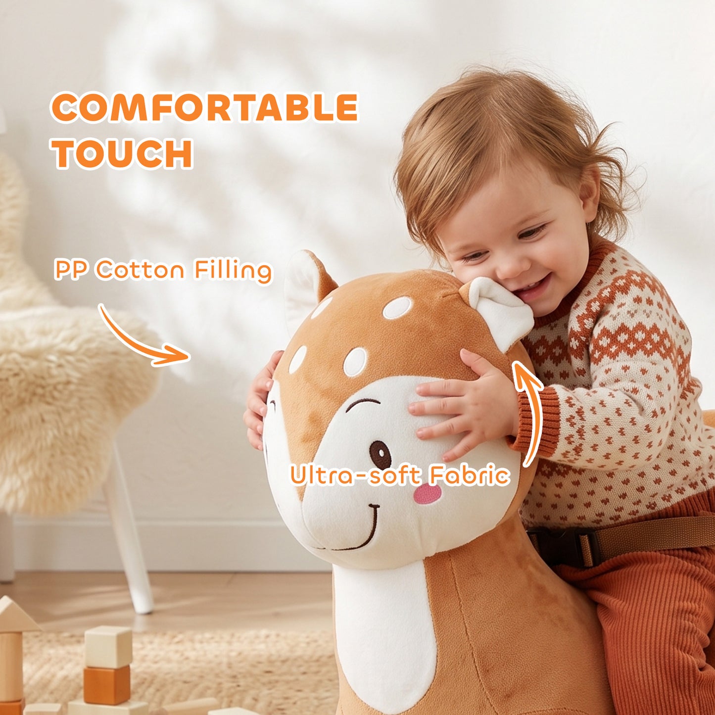 AIYAPLAY Rocking Horse, Ride on Horse Deer Design with Sounds, Security Belt, Rocking Stopper, for Toddlers 1-3 Years, Brown