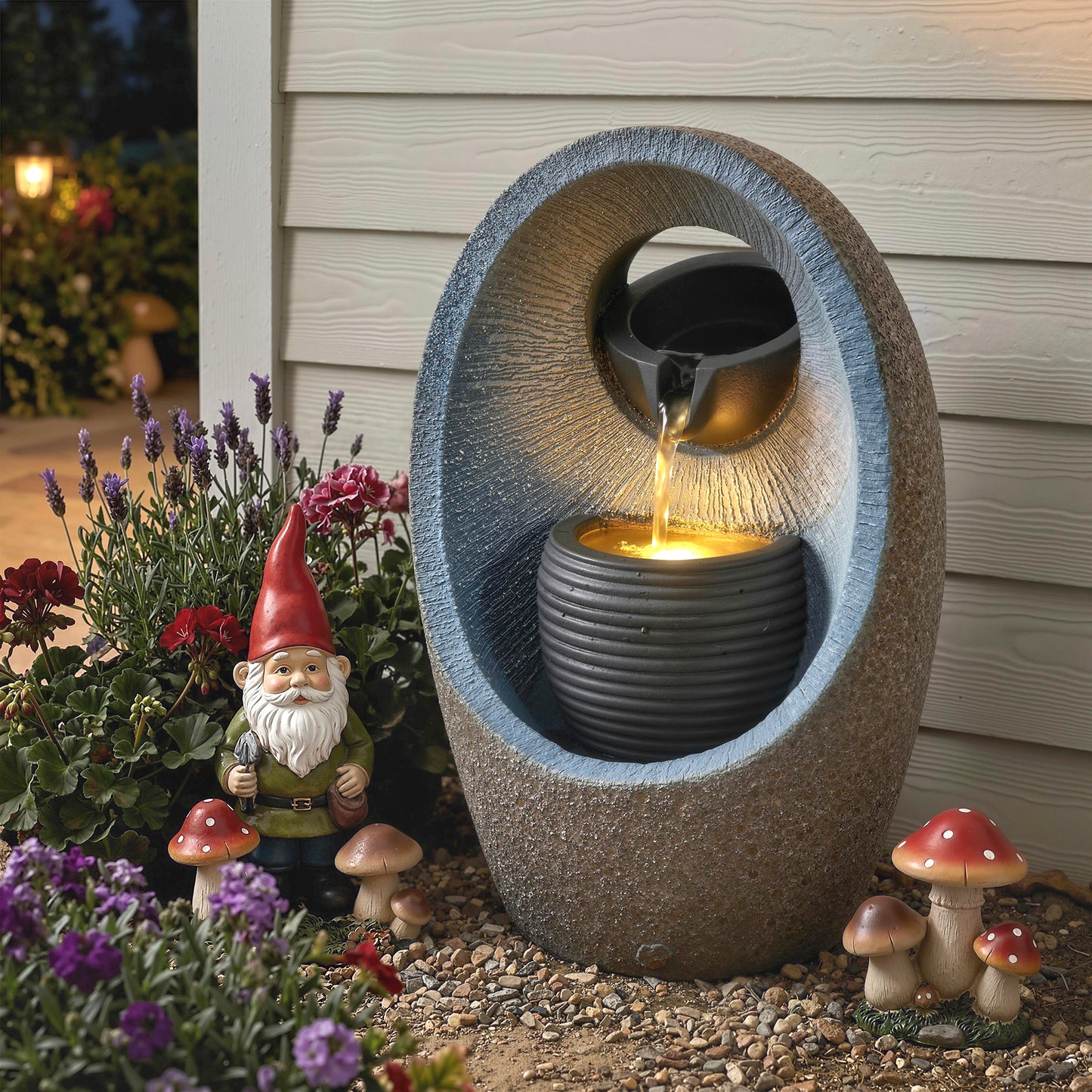 Outsunny Water Feature with 2-Tier Bowls, Garden Water Fountain with Pump and LED Lights, Resin Cascading Waterfall