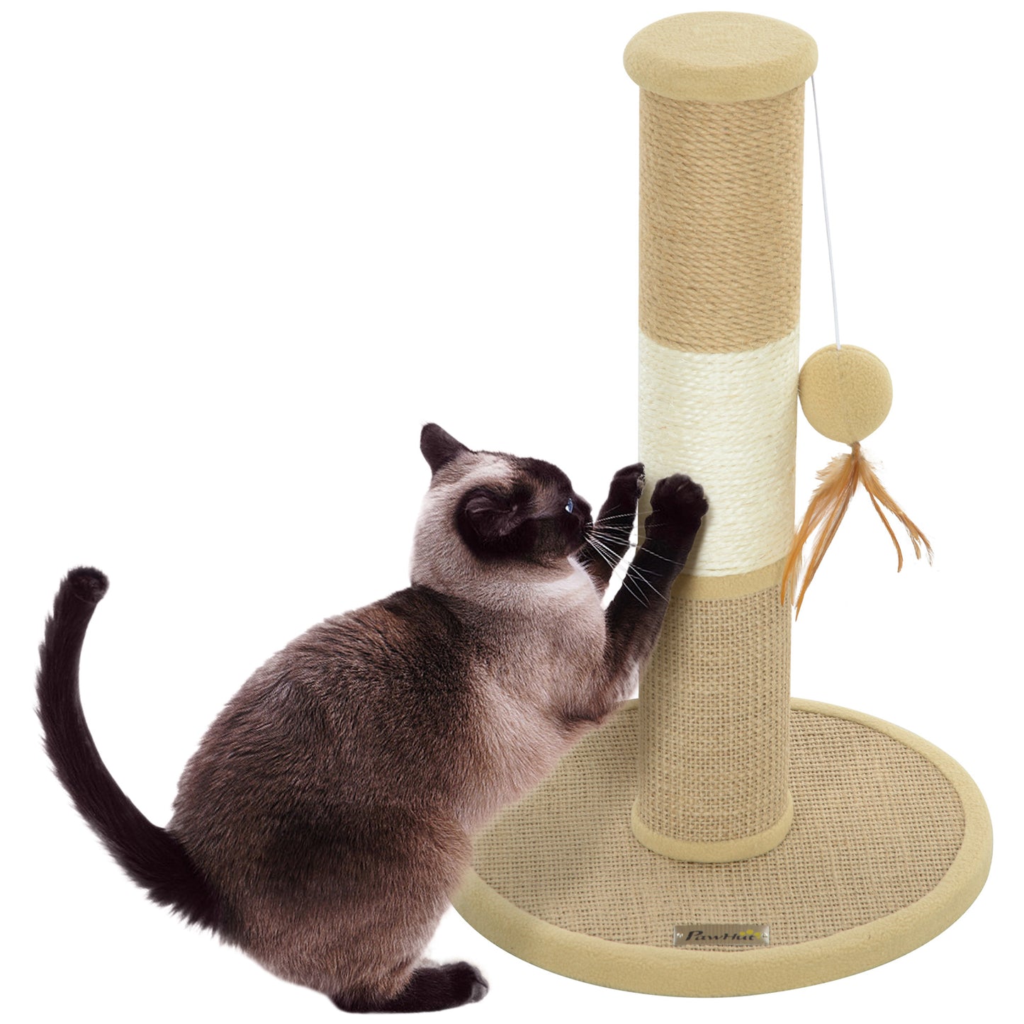 PawHut Cat Scratching Post for Indoor Cats, 47cm Tall Cat Scratcher with Jute Sisal Rope, Hanging Toy Ball, Feather, Brown Default Title