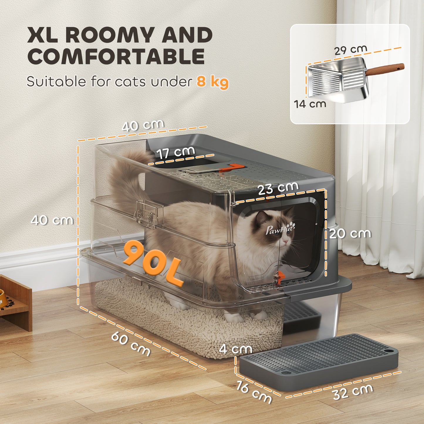 PawHut Stainless Steel Cat Litter Tray with Lid, XL 90L Enclosed Cat Litter Box with Step, Scoop, High Side, Dark Grey