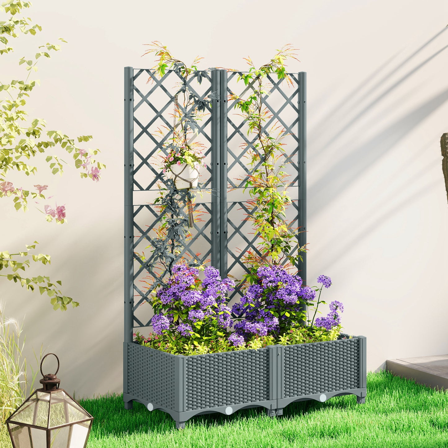 Outsunny Raised Garden Bed with Trellis, Plastic Planter Box with Drainage Holes, Drain Plugs and Water Reservoirs for Climbing Plants, Vegetables, Flowers, Grey