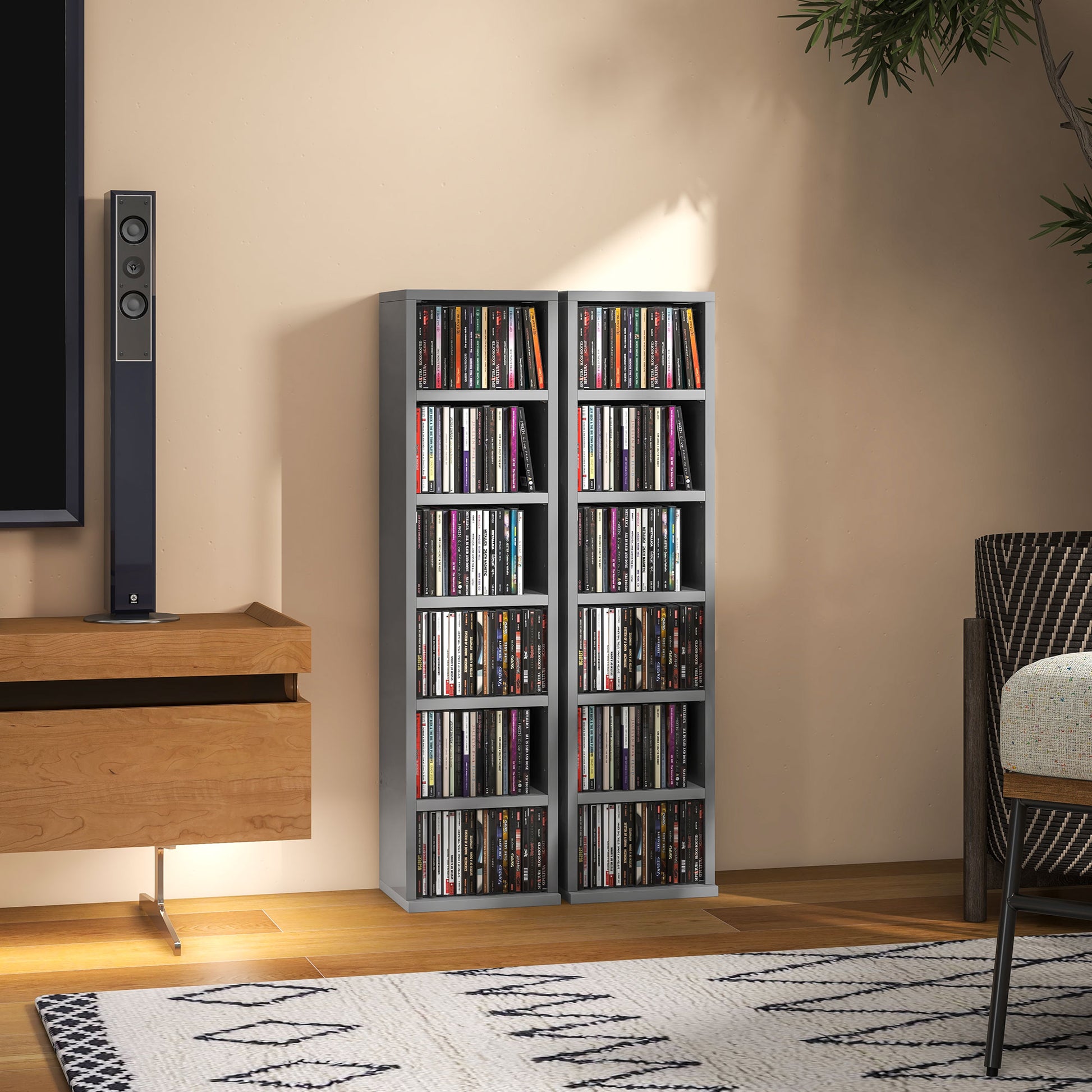 HOMCOM Set of 2 CD Media Display Shelf Unit Tower Rack with Adjustable Shelves, High Gloss Grey