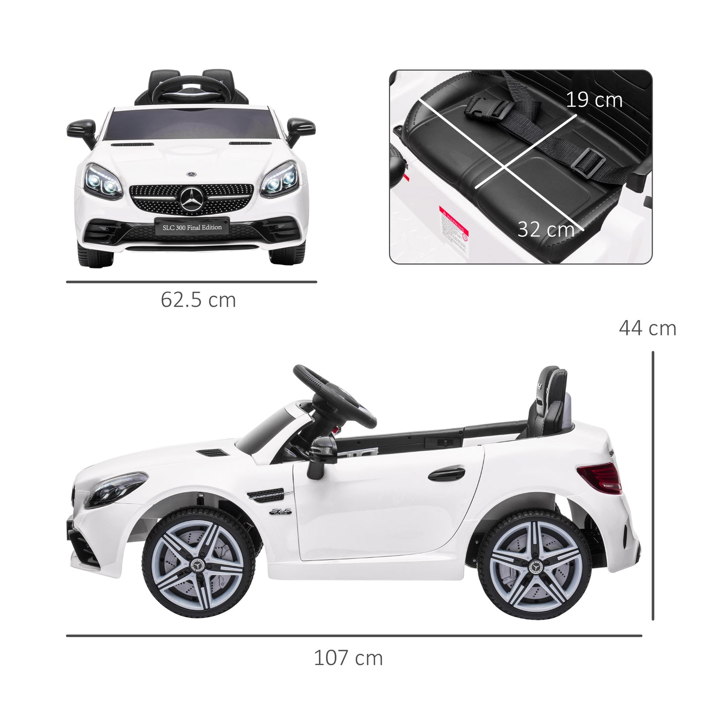 HOMCOM Benz SLC 300  Licensed 12V Kids Electric Ride On, with Music, Remote Control, LED Headlights, Horn, White