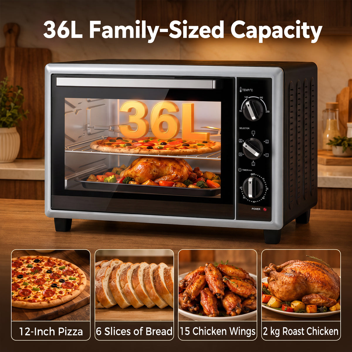 HOMCOM 36L Mini Oven with Convection, Electric Countertop Cooker with Rotisserie, 90â€“230Â°C Adjustable Temperature, 1500 W