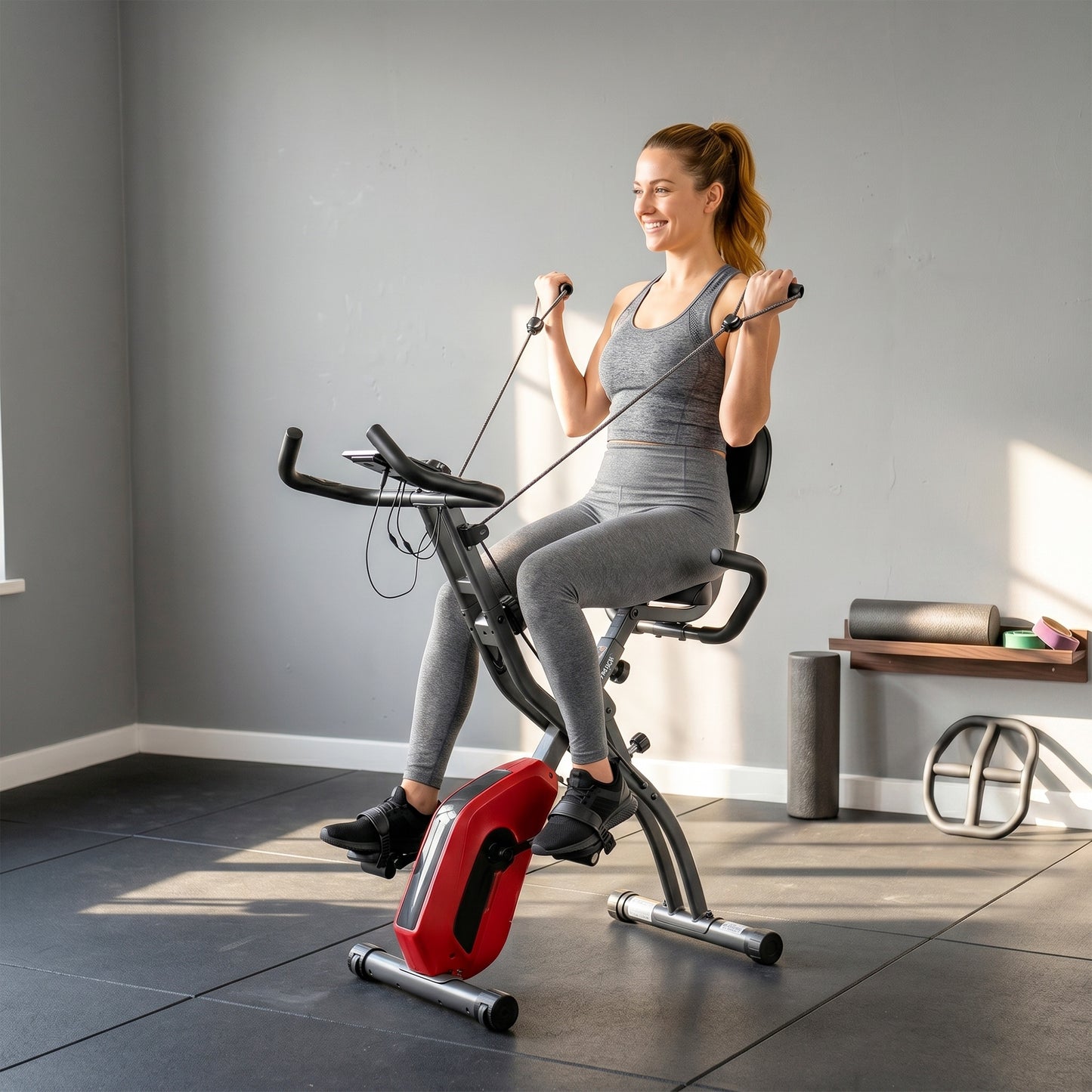 SPORTNOW 3-In-1 Folding Exercise Bike with Resistance Bands, Bluetooth App, 8-Level Magnetic Resistance, LCD Display, Red