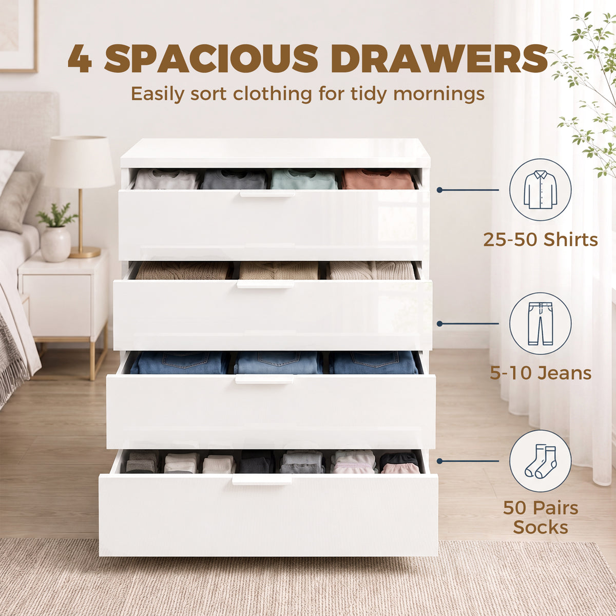 HOMCOM High Gloss 4-Drawer Chest of Drawers, Space-Saving Bedroom Storage Unit with Smooth Runners, White