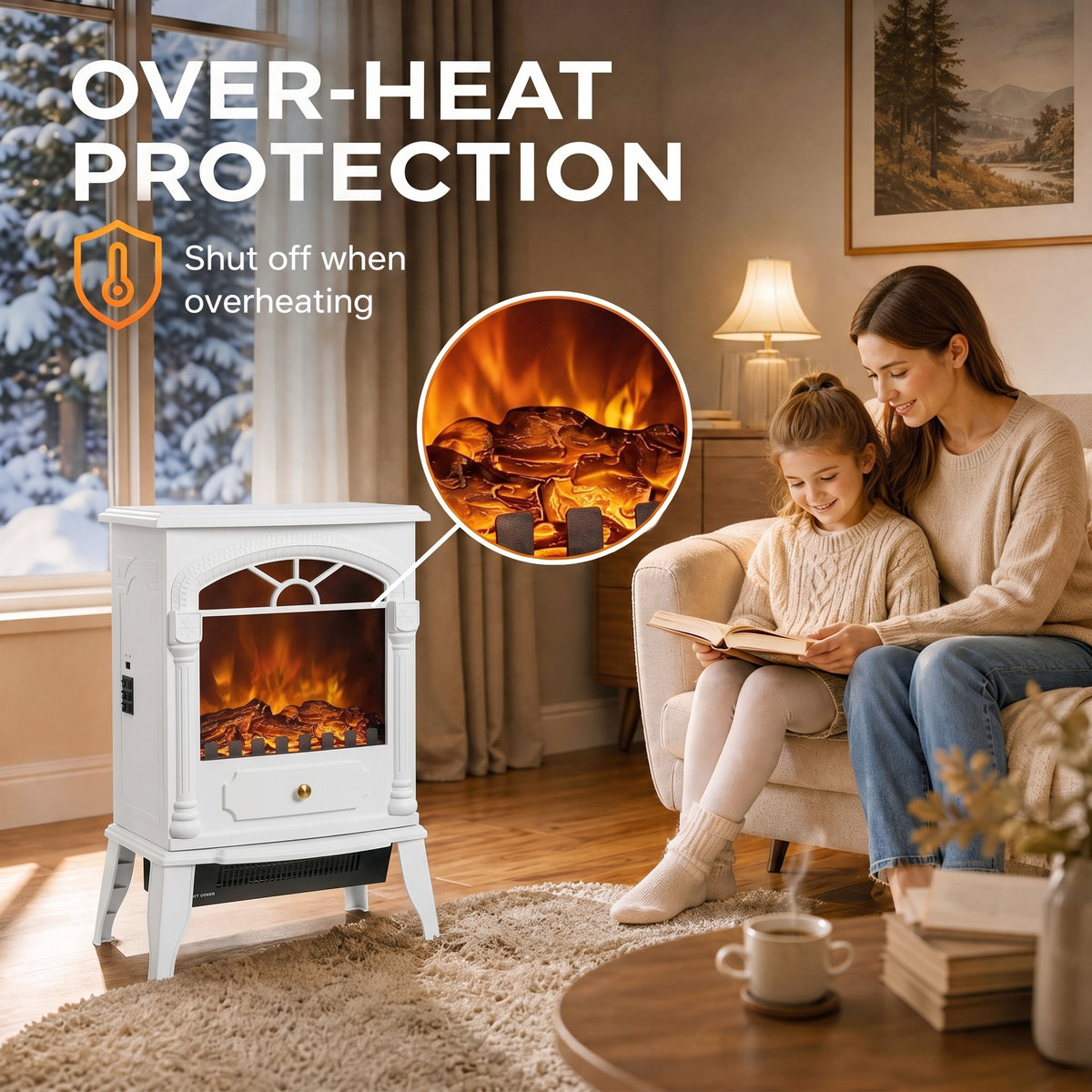 HOMCOM Freestanding Portable Fireplace, Electric Fireplace Stove Heater with 3D Flame Effect and Adjustable Thermostat, White