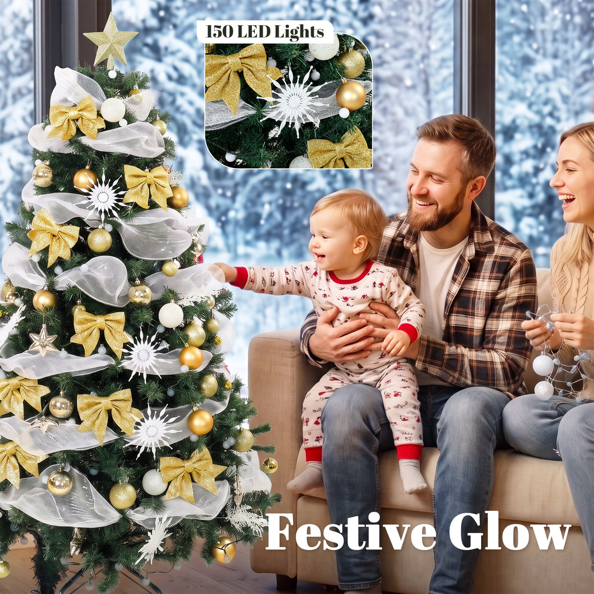 HOMCOM 5ft Pre-Lit Christmas Tree with 150 LED Lights, Artificial Xmas Tree with 8 Lighting Modes, 450 Tips, Remote, Green